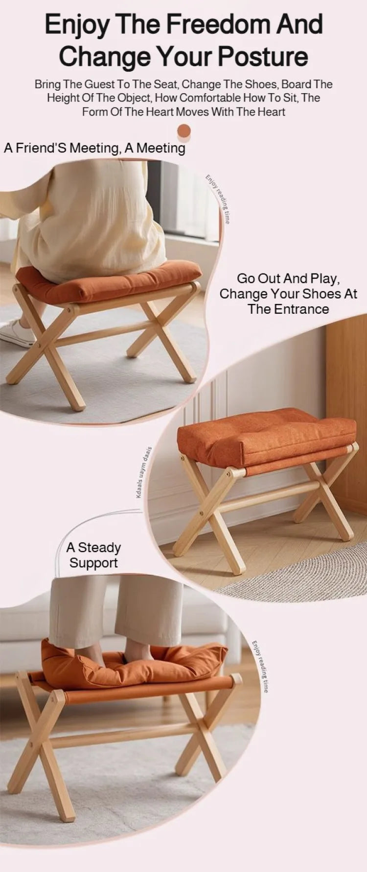Solid Wood Shoe Changing Stool Footstool Sofa Rest Footstool, Folding Low Stool for The Entryway, Cotton-filled Cushion Stool