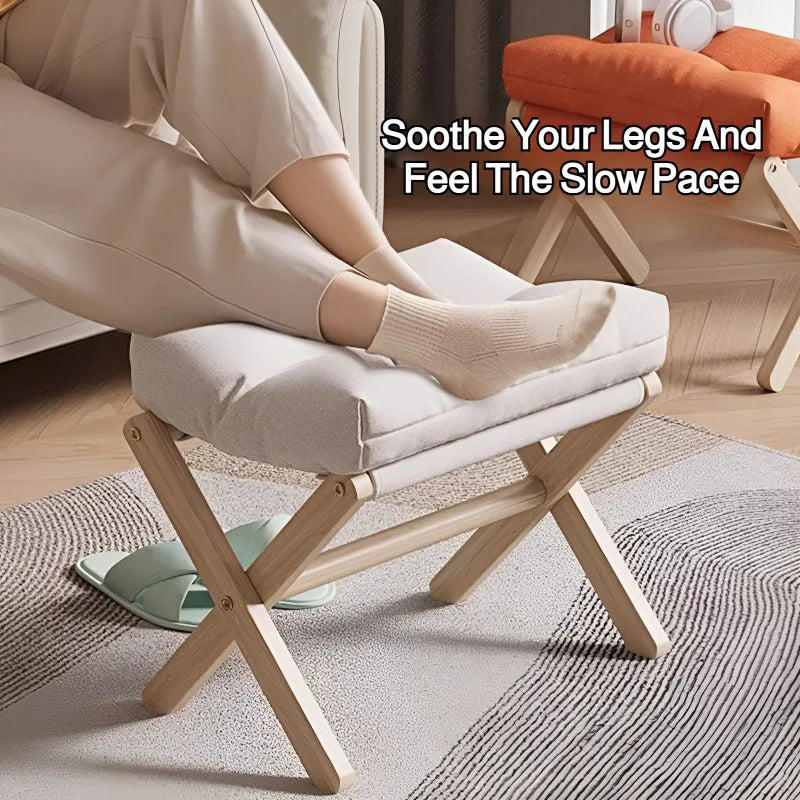 Solid Wood Shoe Changing Stool Footstool Sofa Rest Footstool, Folding Low Stool for The Entryway, Cotton-filled Cushion Stool