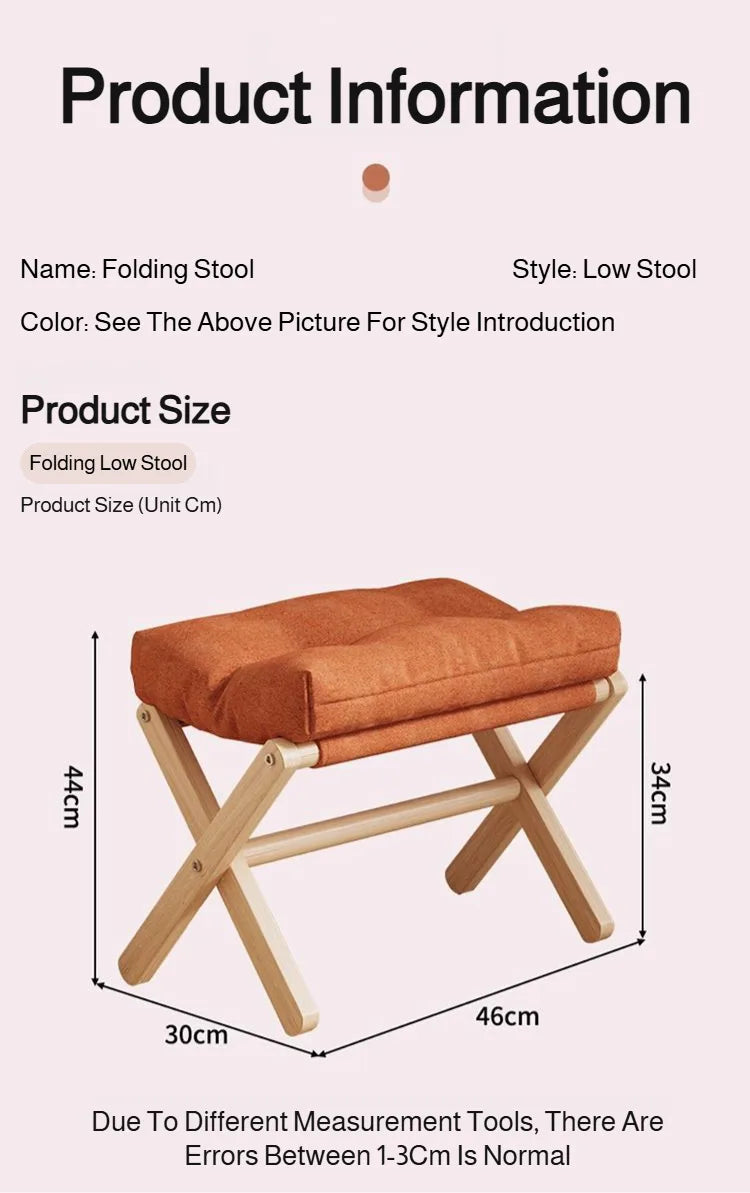 Solid Wood Shoe Changing Stool Footstool Sofa Rest Footstool, Folding Low Stool for The Entryway, Cotton-filled Cushion Stool