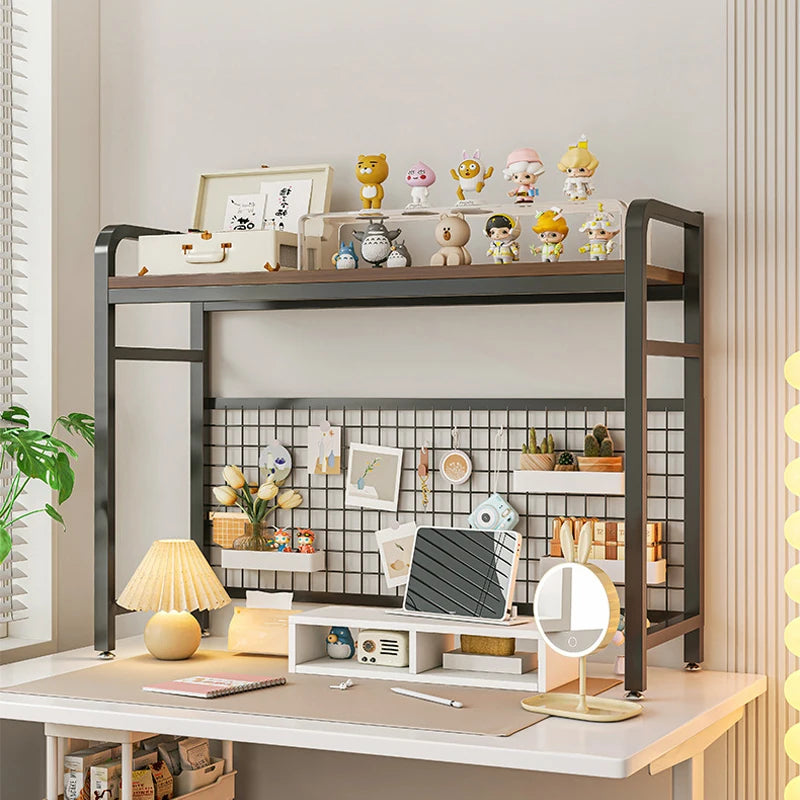 Bookshelf Bookcase With Grid Desktop Multi-layer Wrought Iron Shelf Student Computer Desk Table Hole Board Table Wooden Shelves