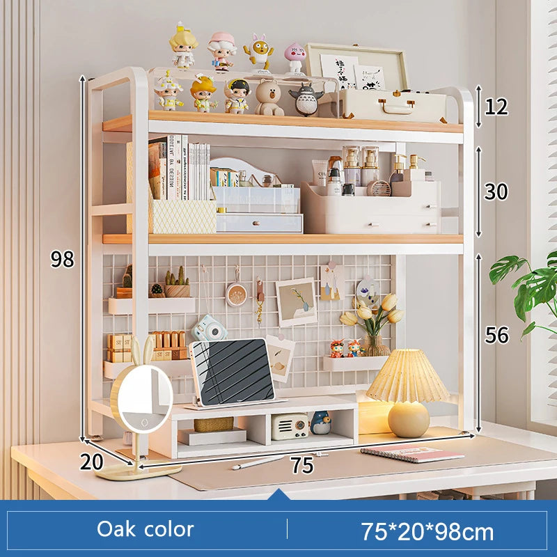 Bookshelf Bookcase With Grid Desktop Multi-layer Wrought Iron Shelf Student Computer Desk Table Hole Board Table Wooden Shelves