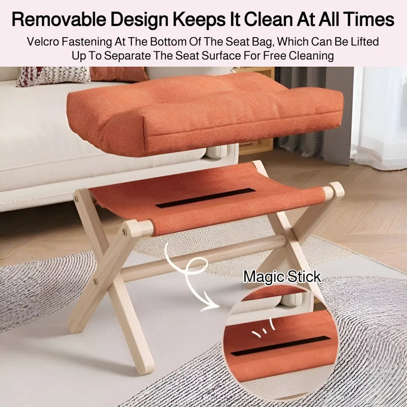 Solid Wood Shoe Changing Stool Footstool Sofa Rest Footstool, Folding Low Stool for The Entryway, Cotton-filled Cushion Stool