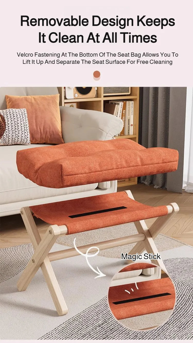 Solid Wood Shoe Changing Stool Footstool Sofa Rest Footstool, Folding Low Stool for The Entryway, Cotton-filled Cushion Stool